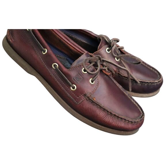 Sperry Dark Brown Leather Loafer Boat Men 9M Lace Up Casual Preppy 2 Eye Moc Toe - Picture 1 of 8